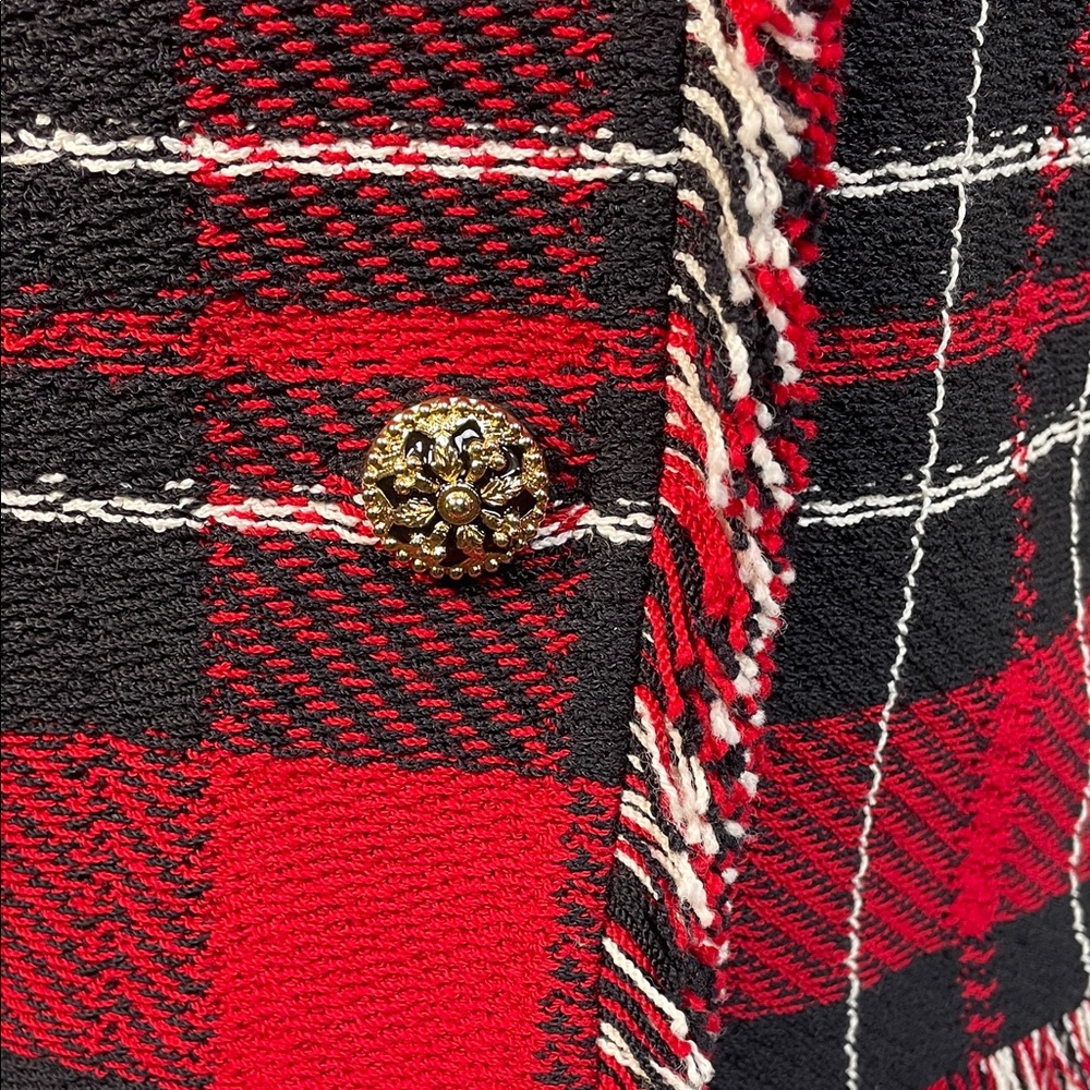 2 pc St. JOHN knit fringe jacket Plaid Red suit gold Black Women's Pants Set - Picture 7 of 17